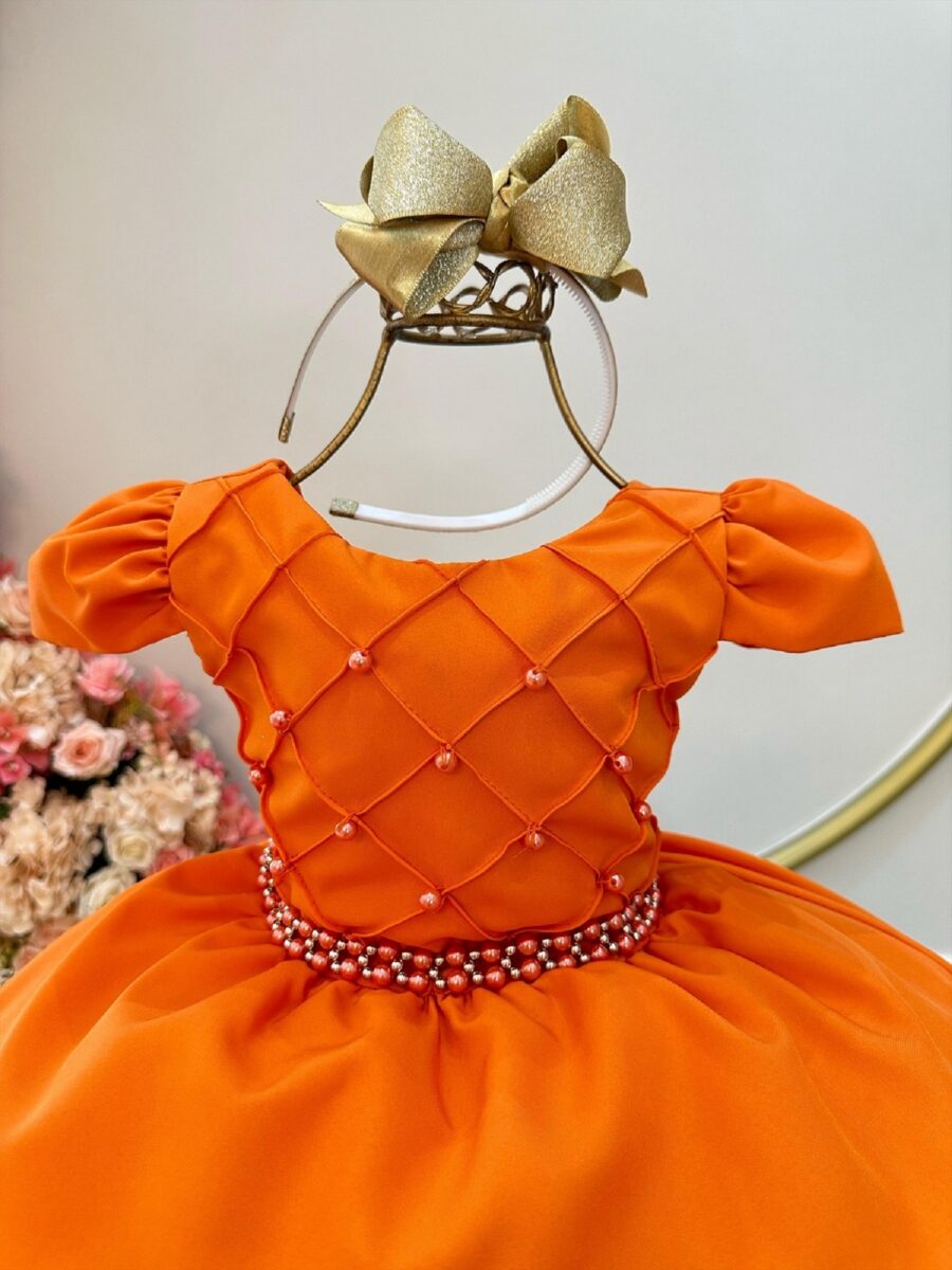 Vestido Infantil Terracota Busto Nervura Cinto de Pérolas