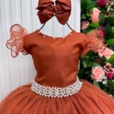 Vestido Longo Amanda Marie Terracota Tule Cinto de Pérolas