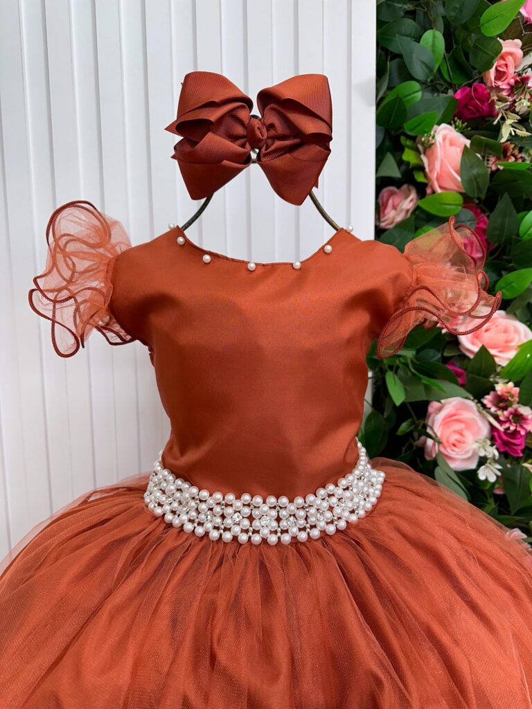 Vestido Longo Amanda Marie Terracota Tule Cinto de Pérolas