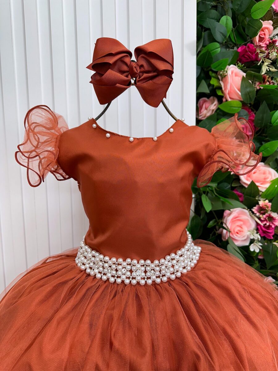 Vestido Longo Amanda Marie Terracota Tule Cinto de Pérolas