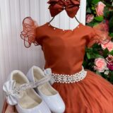 Vestido Longo Amanda Marie Terracota Tule Cinto de Pérolas