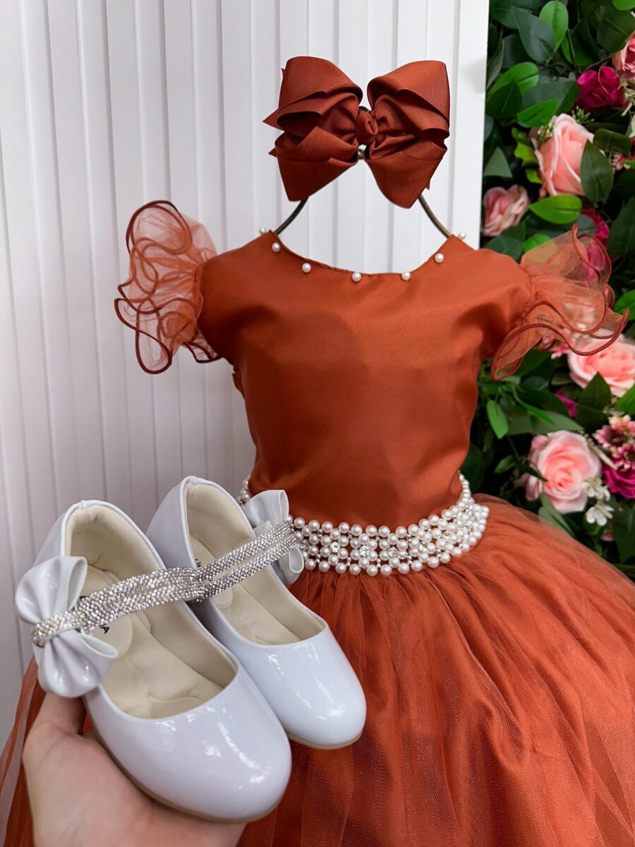 Vestido Longo Amanda Marie Terracota Tule Cinto de Pérolas