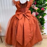 Vestido Longo Amanda Marie Terracota Tule Cinto de Pérolas