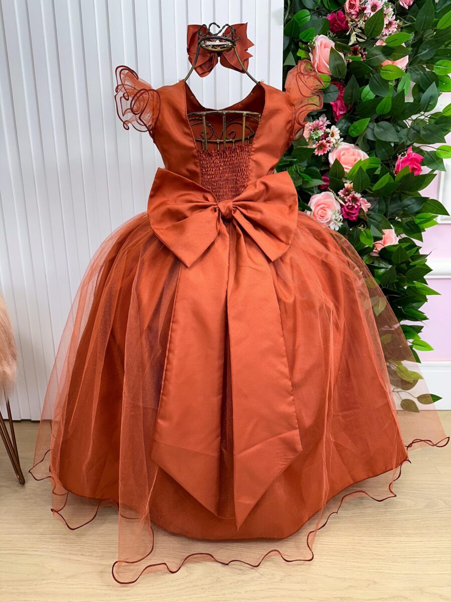 Vestido Longo Amanda Marie Terracota Tule Cinto de Pérolas