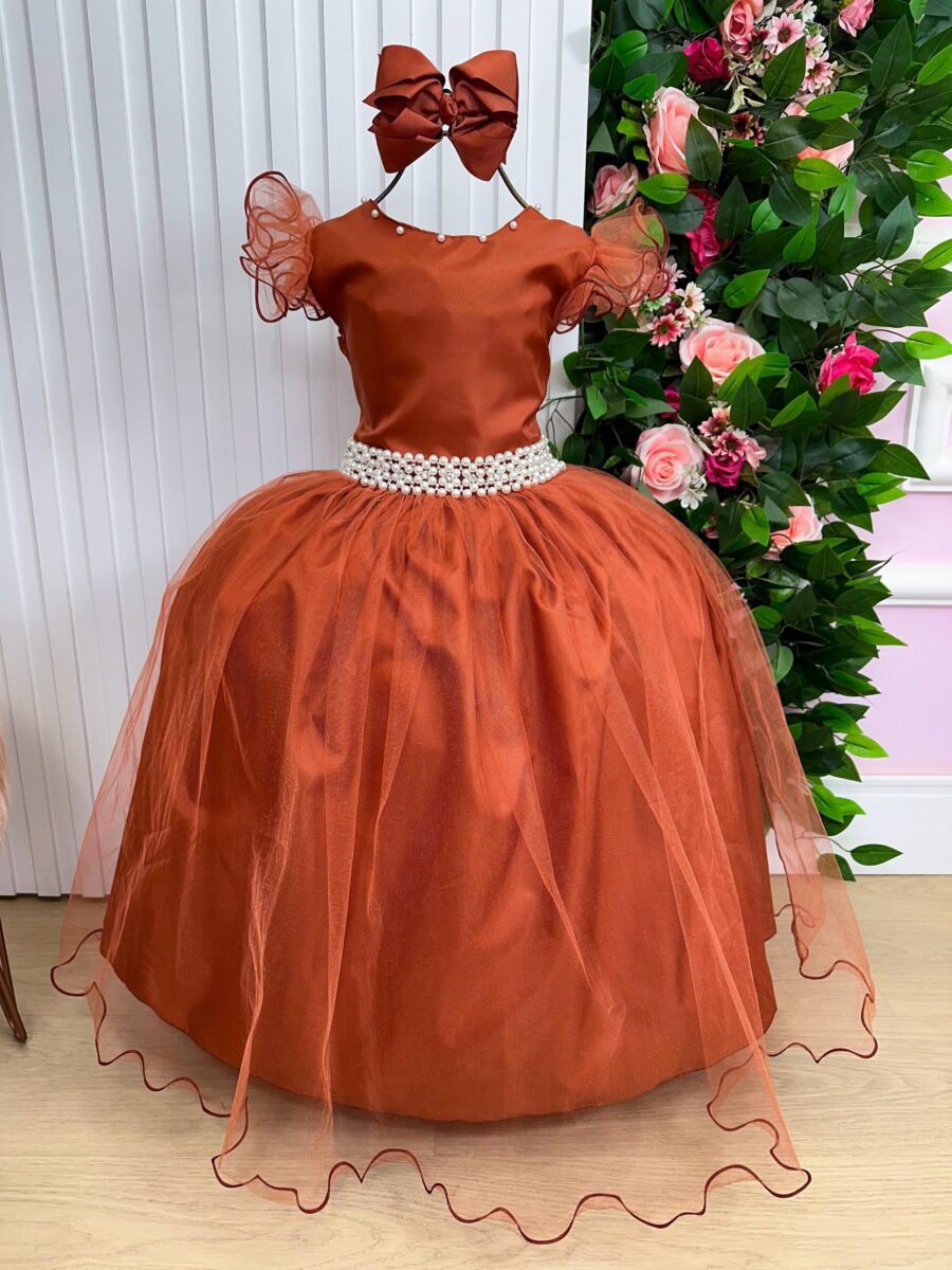 Vestido Longo Amanda Marie Terracota Tule Cinto de Pérolas