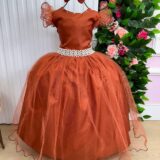 Vestido Longo Amanda Marie Terracota Tule Cinto de Pérolas