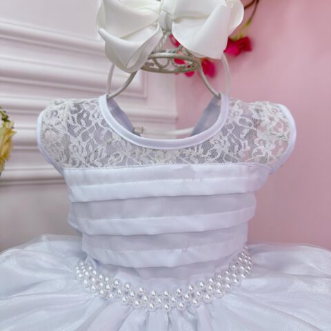 Vestido Infantil Branco com Renda e Cinto de Pérolas