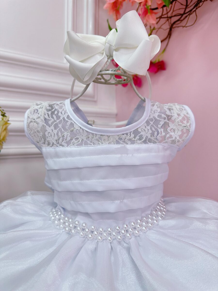 Vestido Infantil Branco com Renda e Cinto de Pérolas
