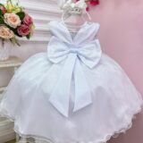 Vestido Infantil Branco com Renda e Cinto de Pérolas