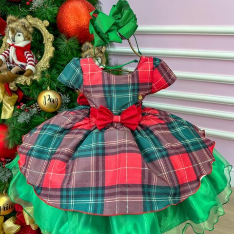 Vestido Infantil Natal Banana Club Xadrez Vermelho e Verde