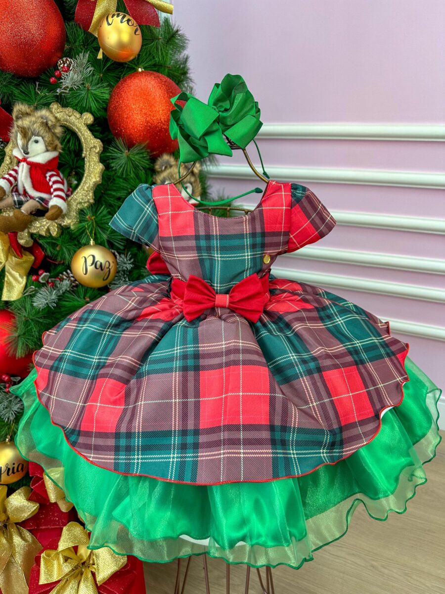 Vestido Infantil Natal Banana Club Xadrez Vermelho e Verde