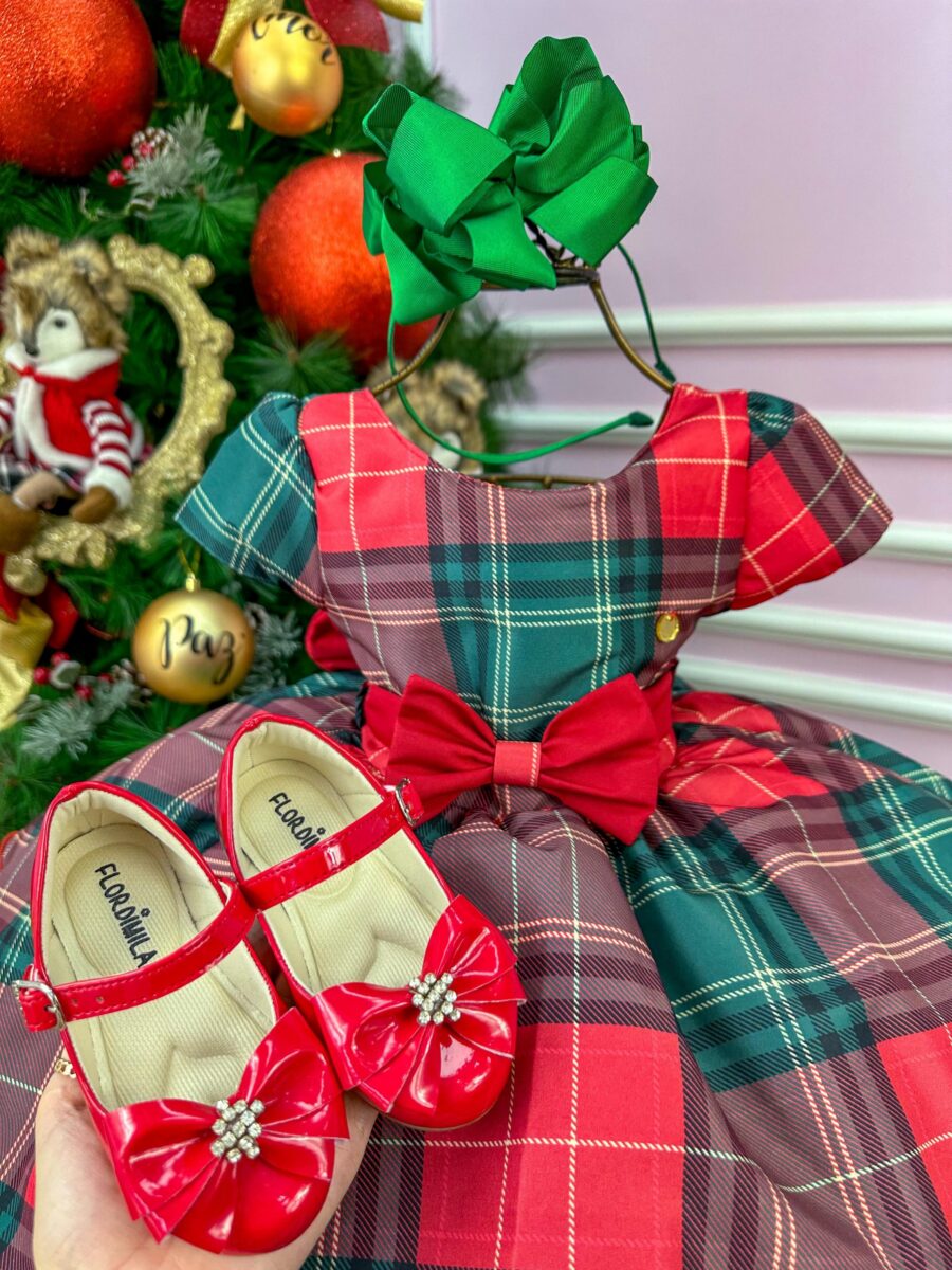 Vestido Infantil Natal Banana Club Xadrez Vermelho e Verde