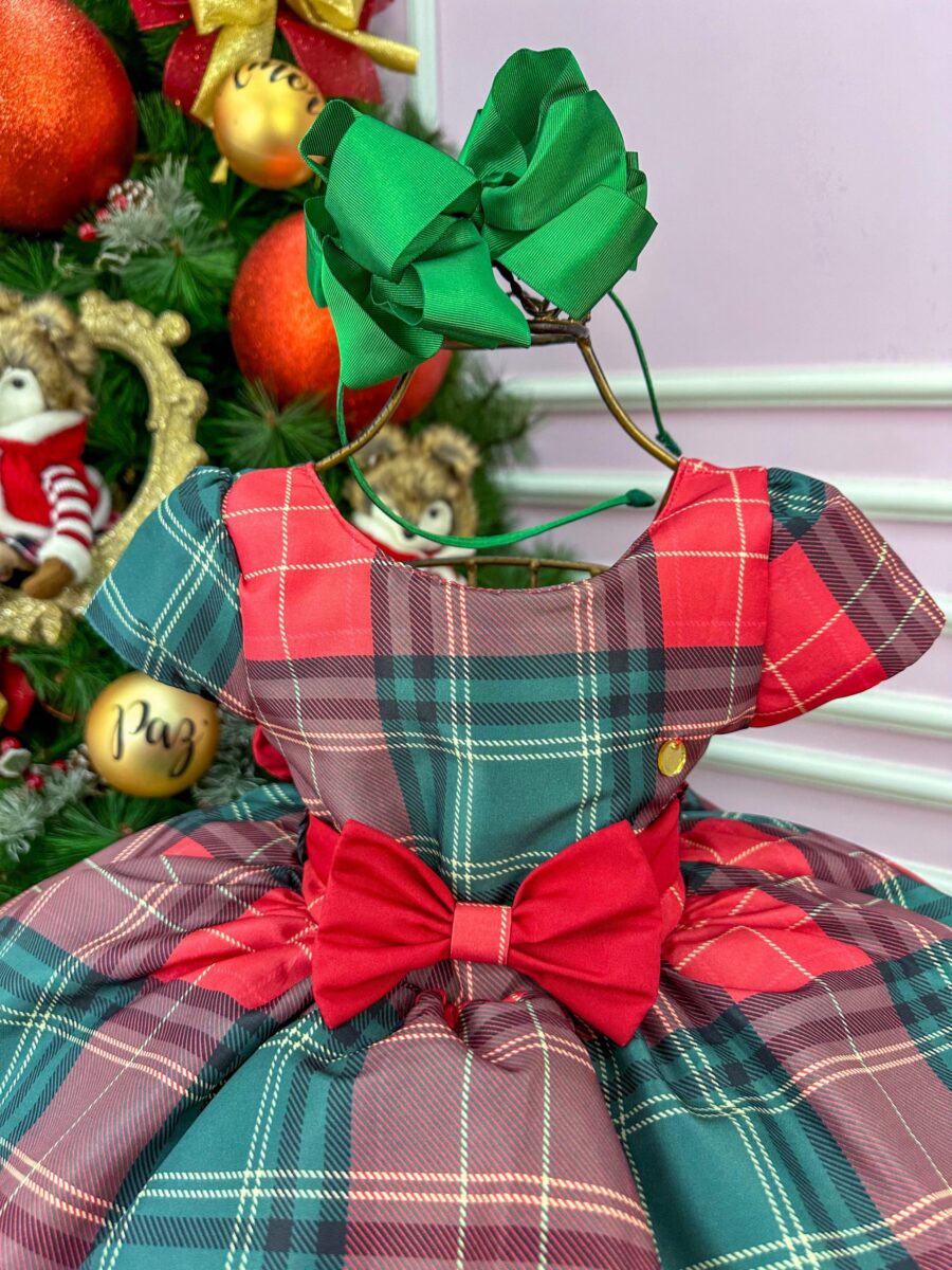 Vestido Infantil Natal Banana Club Xadrez Vermelho e Verde