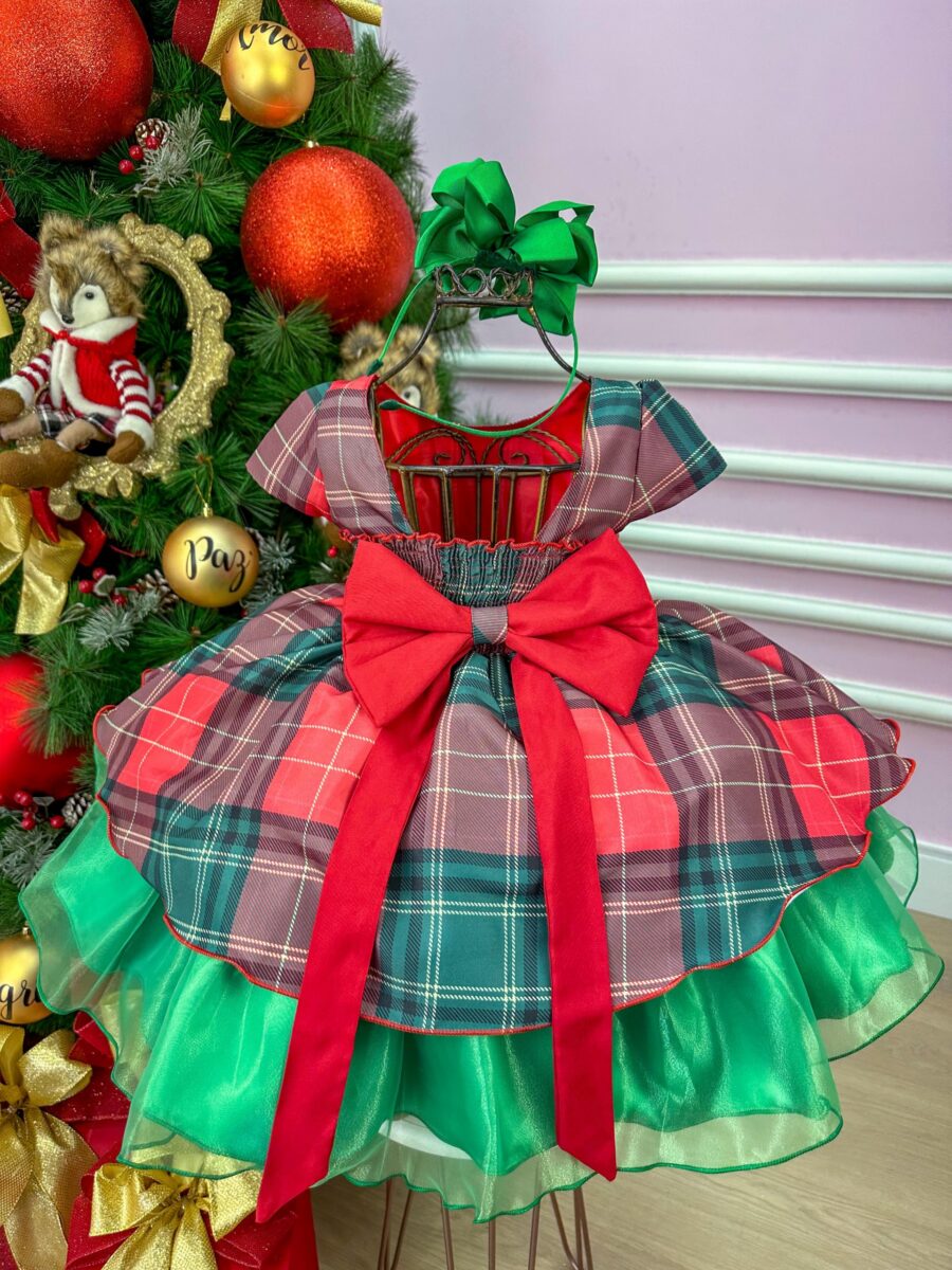 Vestido Infantil Natal Banana Club Xadrez Vermelho e Verde