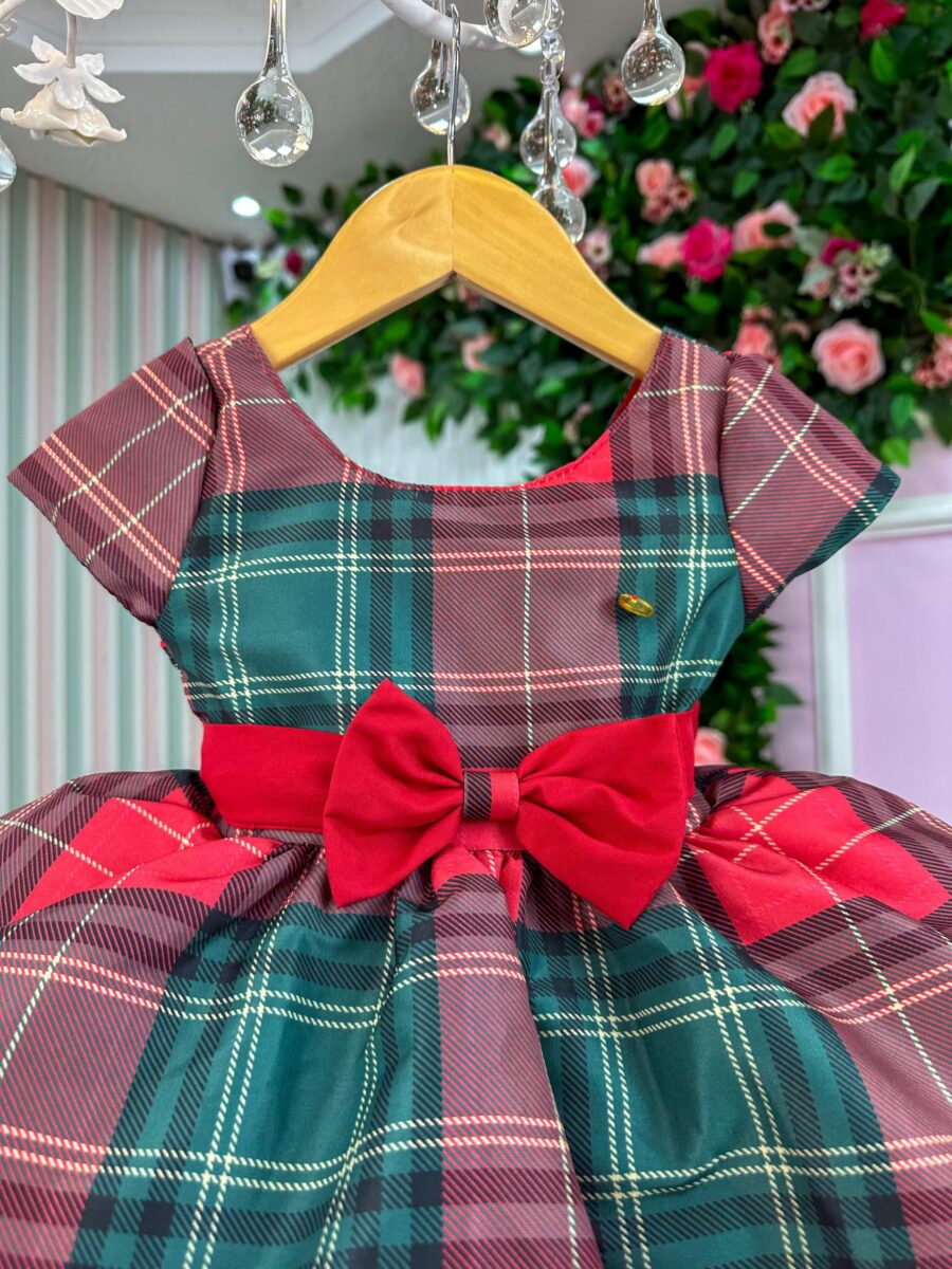 Vestido Infantil Natal Banana Club Xadrez Vermelho e Verde