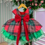 Vestido Infantil Natal Banana Club Xadrez Vermelho e Verde
