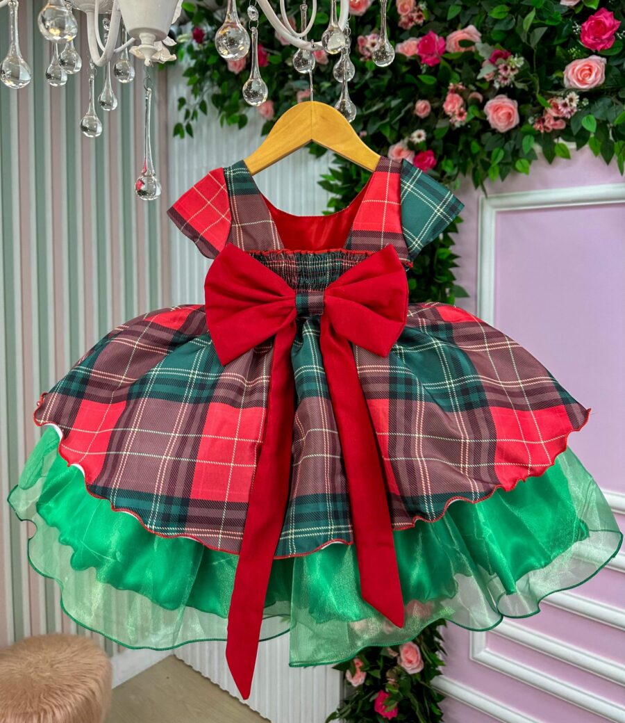 Vestido Infantil Natal Banana Club Xadrez Vermelho e Verde