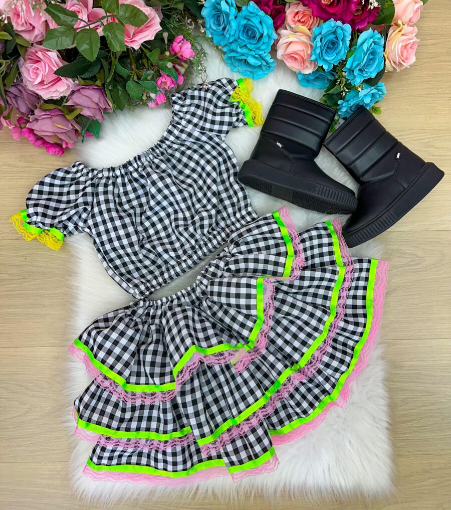 Conjunto Junino Infantil Banana Club Sofia Xadrez Preto