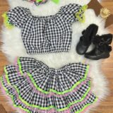 Conjunto Junino Infantil Cropped e Saia Xadrez Preto Luxo