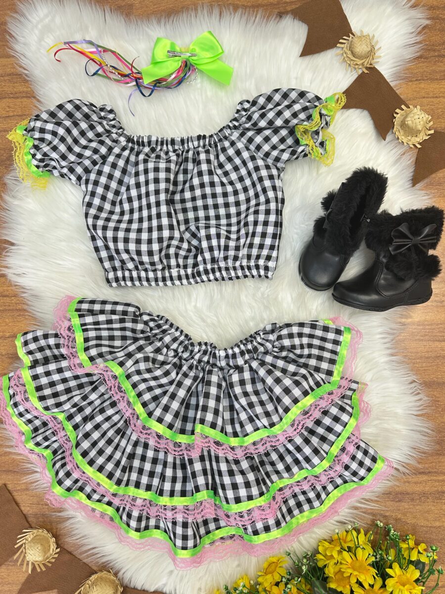 Conjunto Junino Infantil Cropped e Saia Xadrez Preto Luxo