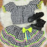 Conjunto Junino Infantil Cropped e Saia Xadrez Preto Luxo
