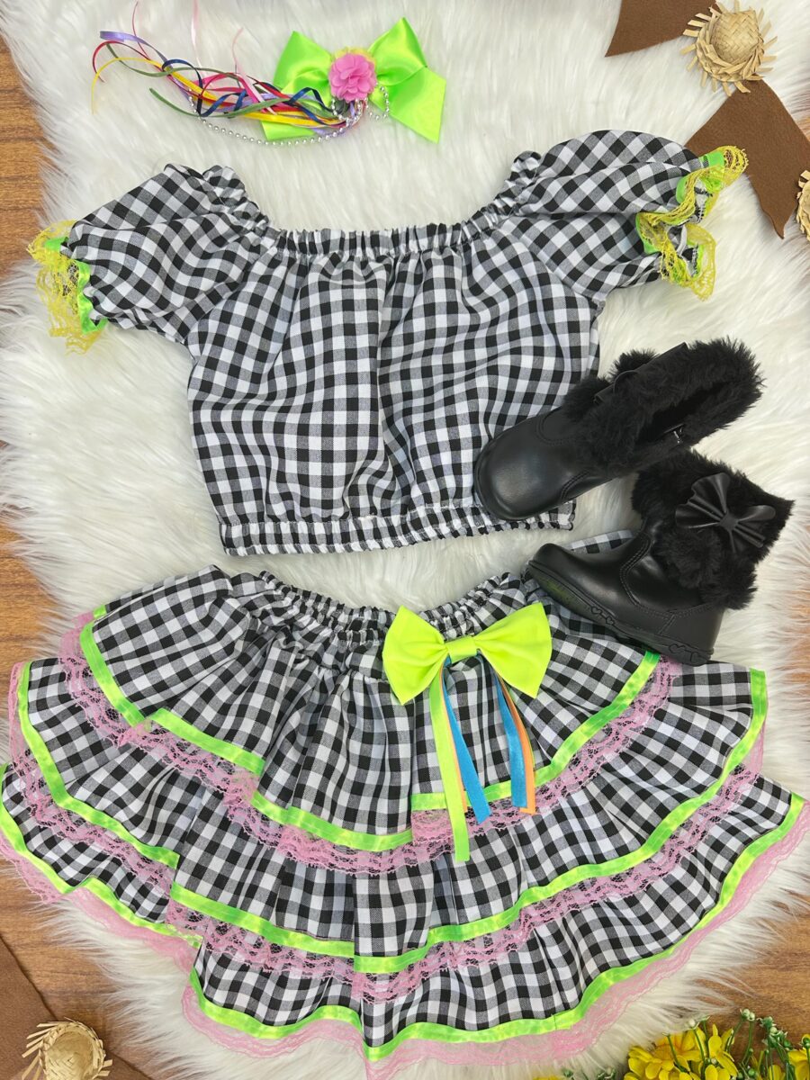 Conjunto Junino Infantil Cropped e Saia Xadrez Preto Luxo