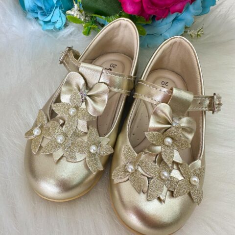 Sapatilha Infantil Doce Pé Baby Dourada Flores e Pérolas