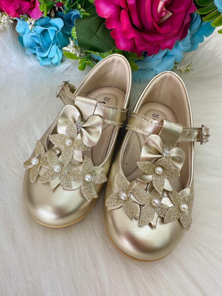 Sapatilha Infantil Doce Pé Baby Dourada Flores e Pérolas