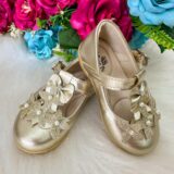 Sapatilha Infantil Doce Pé Baby Dourada Flores e Pérolas