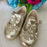 Sapatilha Infantil Doce Pé Baby Dourada Flores e Pérolas
