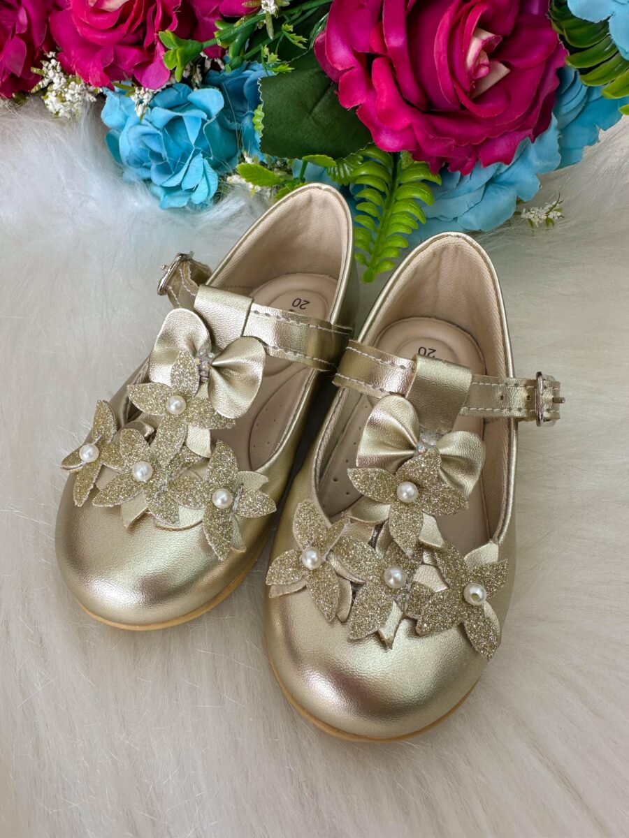 Sapatilha Infantil Doce Pé Baby Dourada Flores e Pérolas