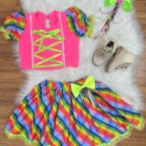 Conjunto Junino Infantil Cropped Rosa e Saia Colorida