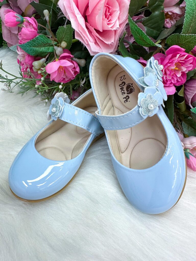 Sapatilha Infantil Doce Pé Lili Azul Bebê Flores e Strass