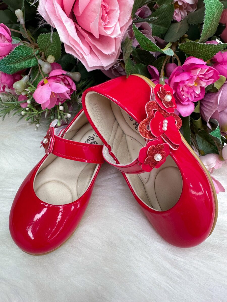 Sapatilha Infantil Doce Pé Lili Vermelha Flores e Strass