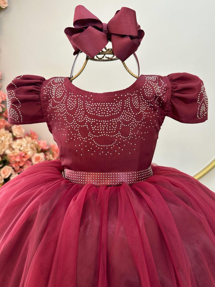 Vestido Infantil Marsala Busto com Strass Casamento