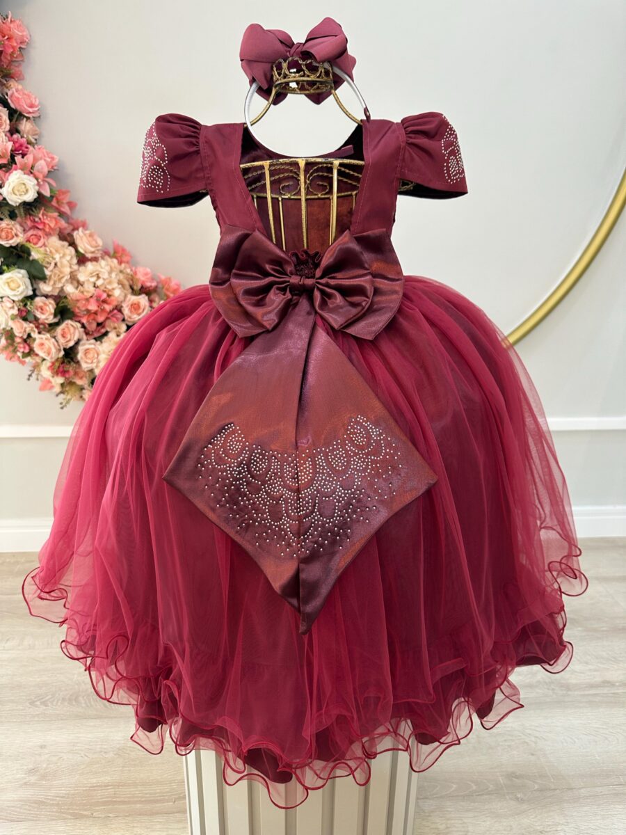 Vestido Infantil Marsala Busto com Strass Casamento