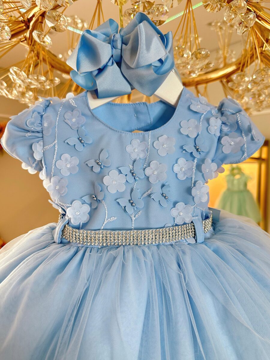 Vestido Infantil Azul Busto com Renda e Pérolas Batizado