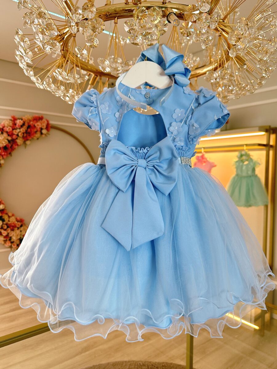 Vestido Infantil Azul Busto com Renda e Pérolas Batizado