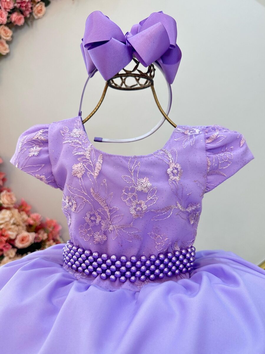 Vestido Infantil Lilás Busto com Renda Daminha Festa