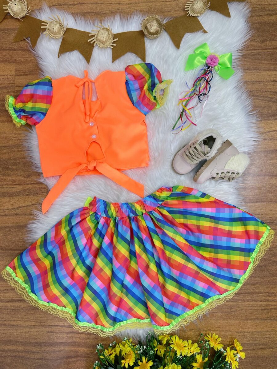 Conjunto Junino Infantil Cropped Laranja Mini Saia Colorida