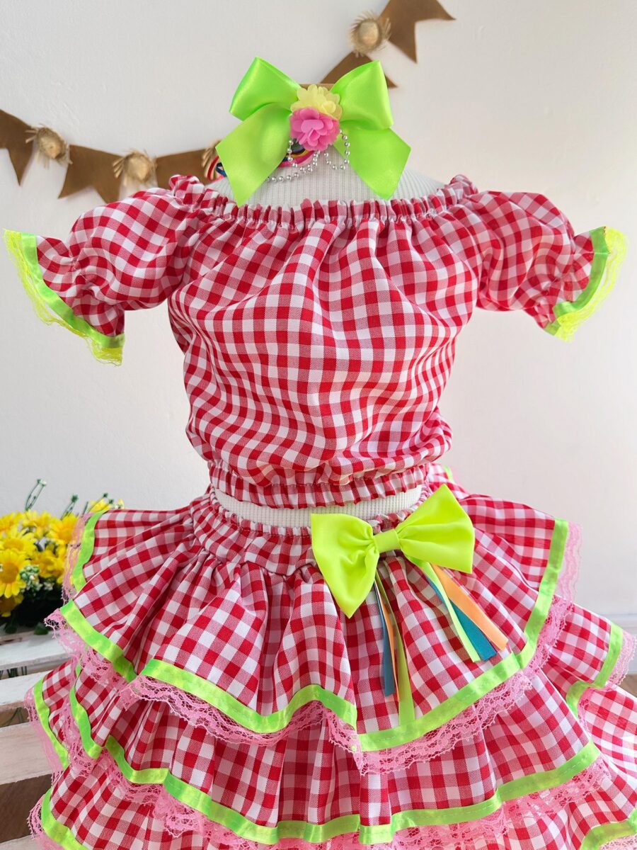 Conjunto Junino Infantil Cropped e Saia Xadrez Vermelho
