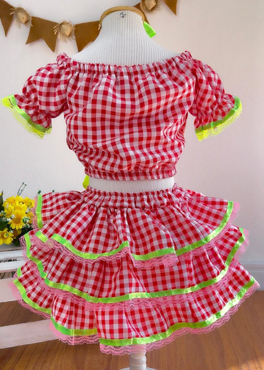 Conjunto Junino Infantil Cropped e Saia Xadrez Vermelho