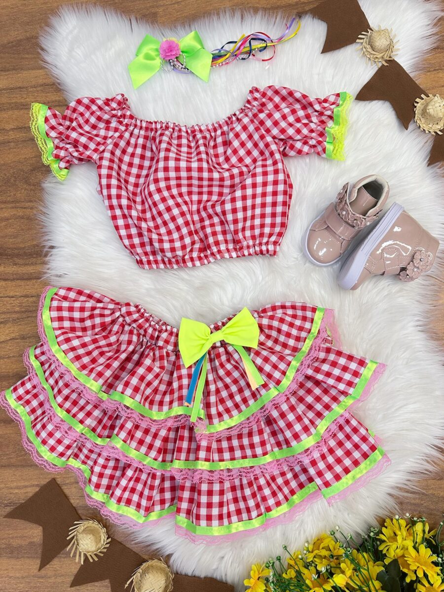 Conjunto Junino Infantil Cropped e Saia Xadrez Vermelho
