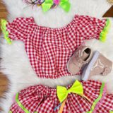 Conjunto Junino Infantil Cropped e Saia Xadrez Vermelho