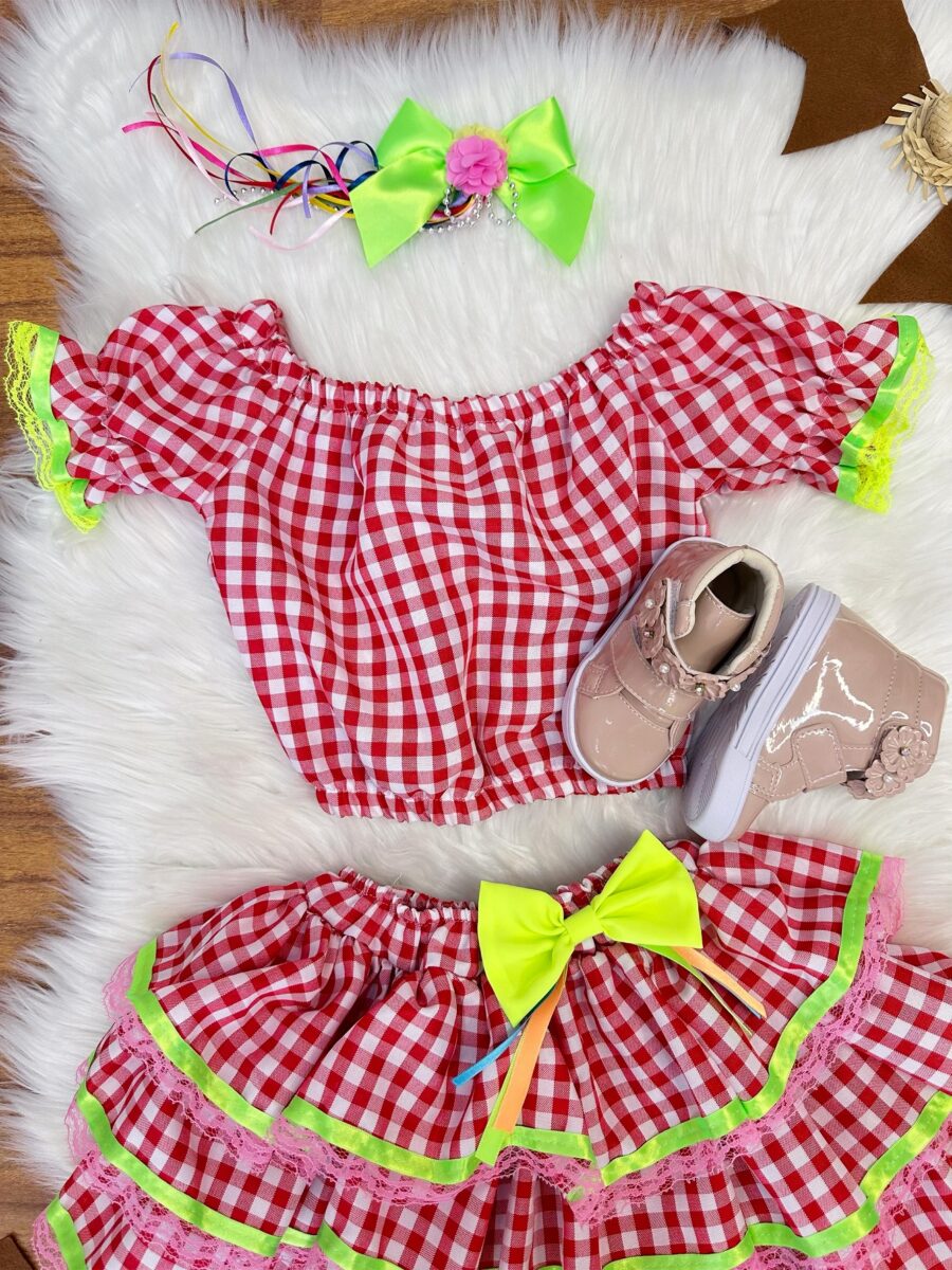 Conjunto Junino Infantil Cropped e Saia Xadrez Vermelho