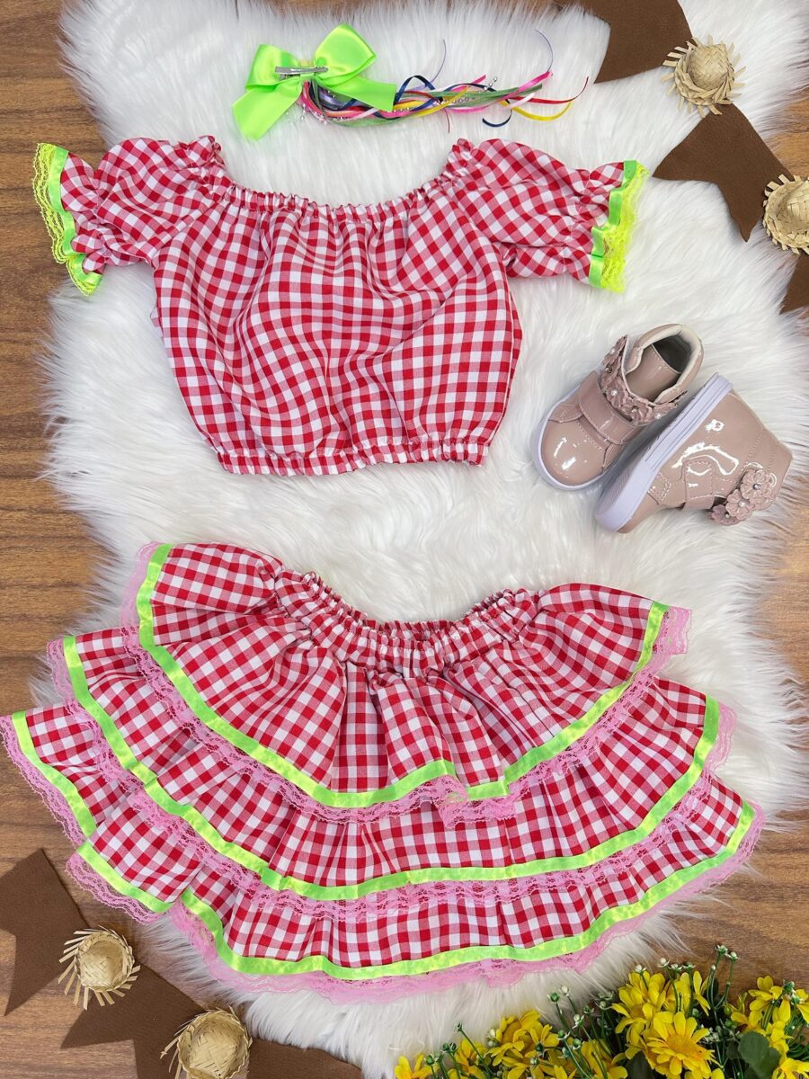 Conjunto Junino Infantil Cropped e Saia Xadrez Vermelho