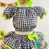 Conjunto Junino Infantil Cropped e Saia Xadrez Preto Luxo