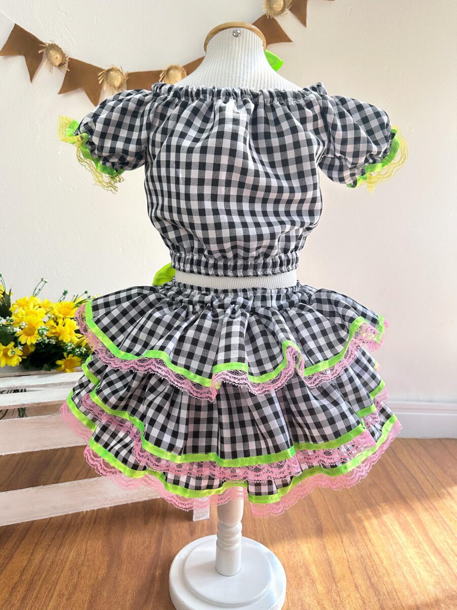 Conjunto Junino Infantil Cropped e Saia Xadrez Preto Luxo