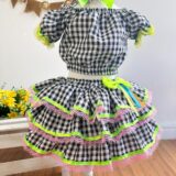 Conjunto Junino Infantil Cropped e Saia Xadrez Preto Luxo