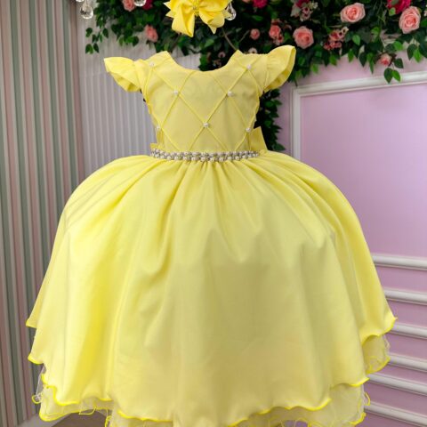 Vestido Infantil Francine Ysa Kids Amarelo Matelassê Pérolas